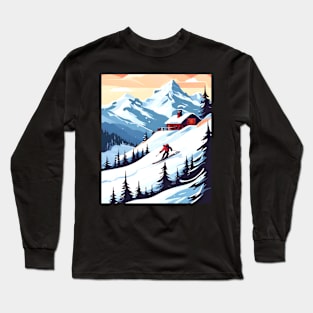 Vintage Ski Resort, Sports Skiing Graphic Design Long Sleeve T-Shirt